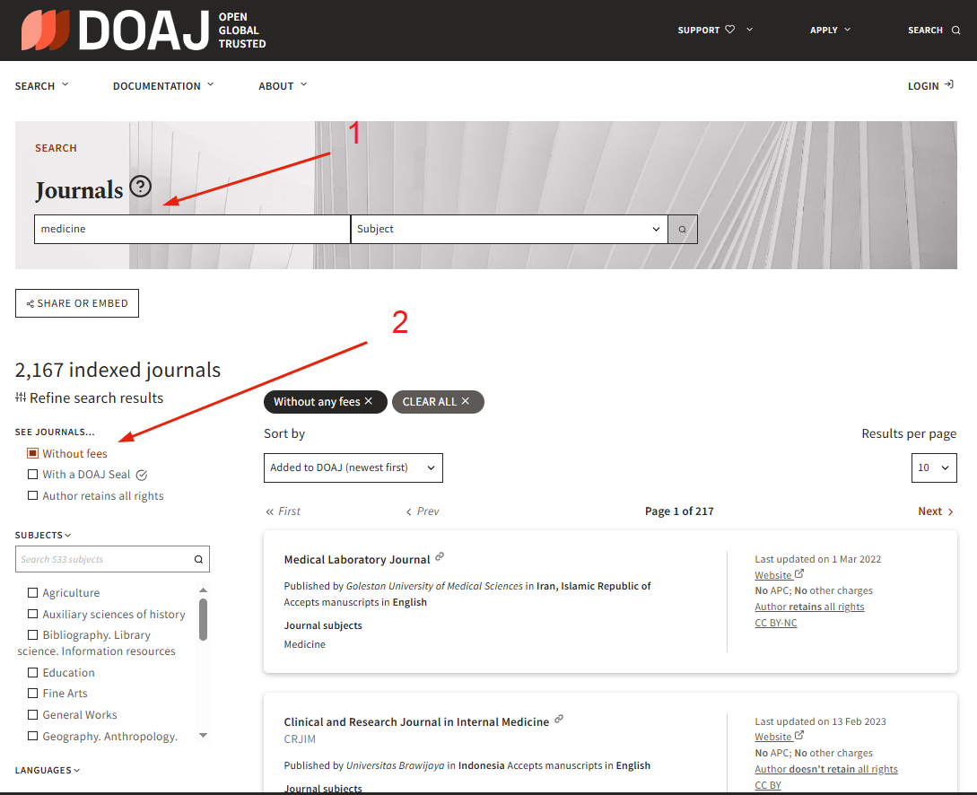 DOAJ – journals with the possibility of free publication